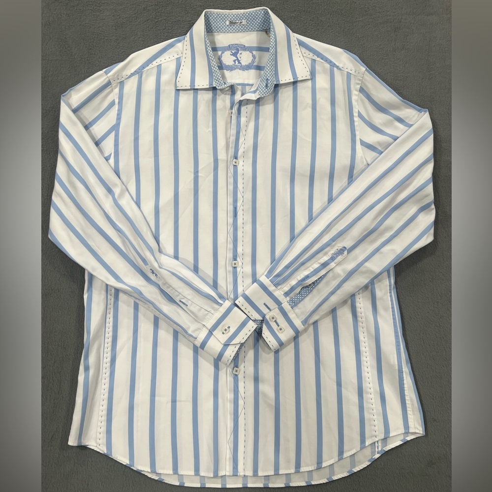Bugatchi Shaped Fit Blue and White Striped Casual Button Down Shirt Sz L